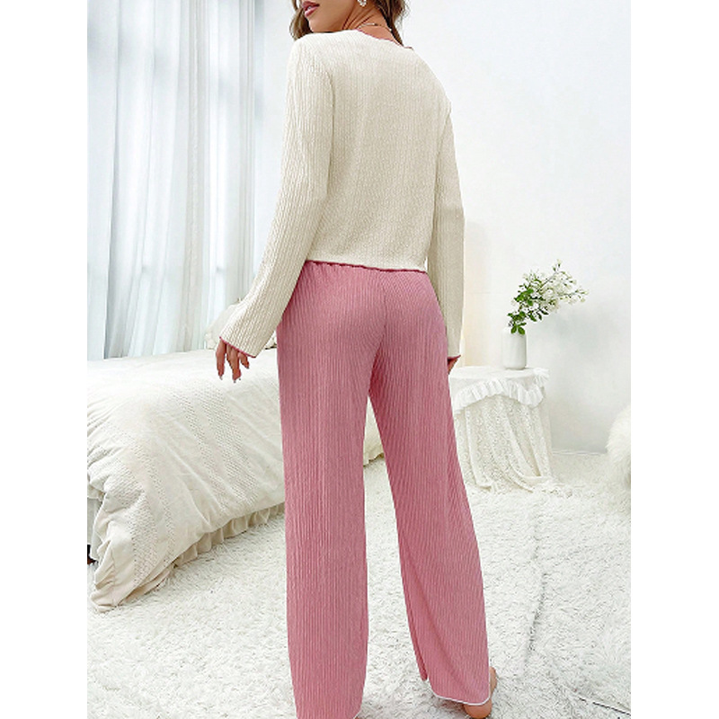 Picture of Cross-border Lapel Color-matching Long-sleeved Pajamas Women's Suit Autumn New Comfortable Wide-leg Pants Home Clothes Two-piece Suit