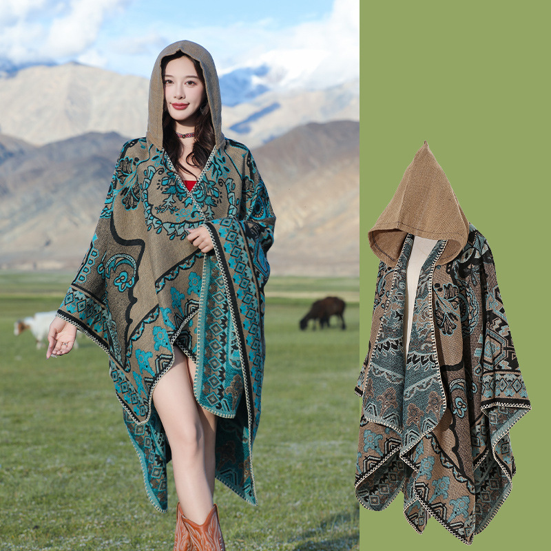 Picture of Ethnic Style Hooded Shawl Women's Yunnan Western Sichuan Travel Wear Costume Xinjiang Desert Photograph Outer Cape Cape