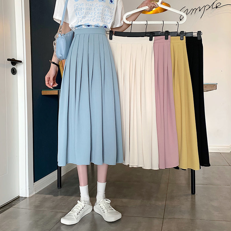 Summer 2021 New Retro French Style High Waist Slimming Mid-length Pleated Skirt chic Hip Covering Half-length Skirt Women's Clothing