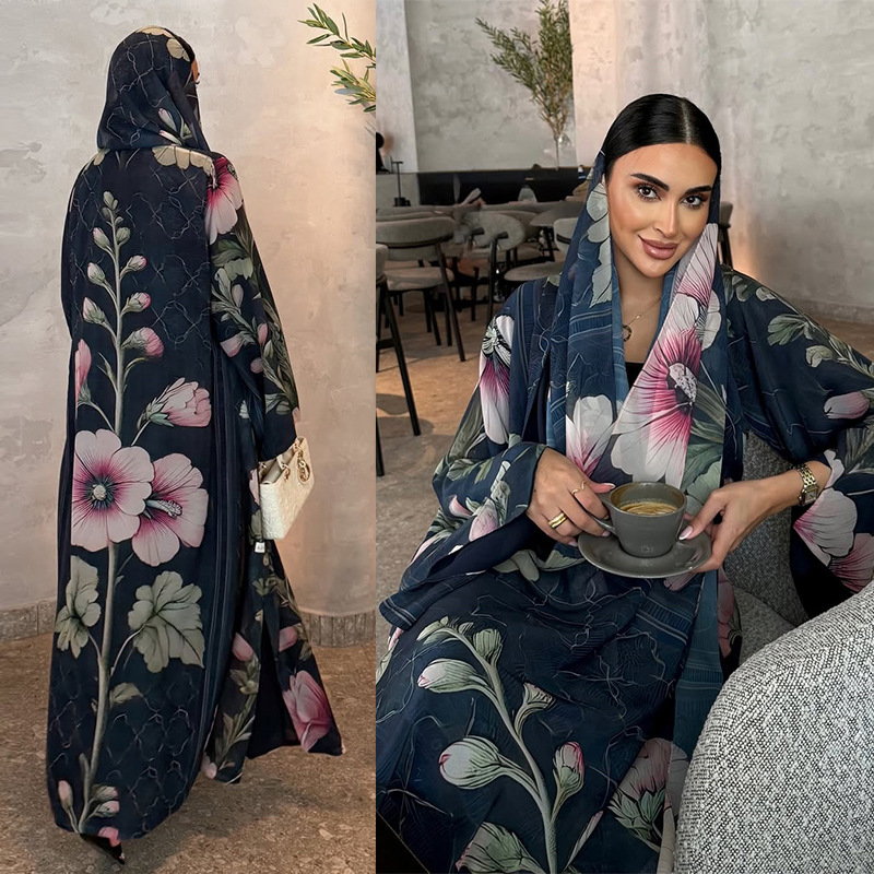 MQ239 Cross-border Robe Middle Eastern Printed Cardigan Headscarf Dubai 2025 New Foreign Trade Apparel Hot-Selling Robe
