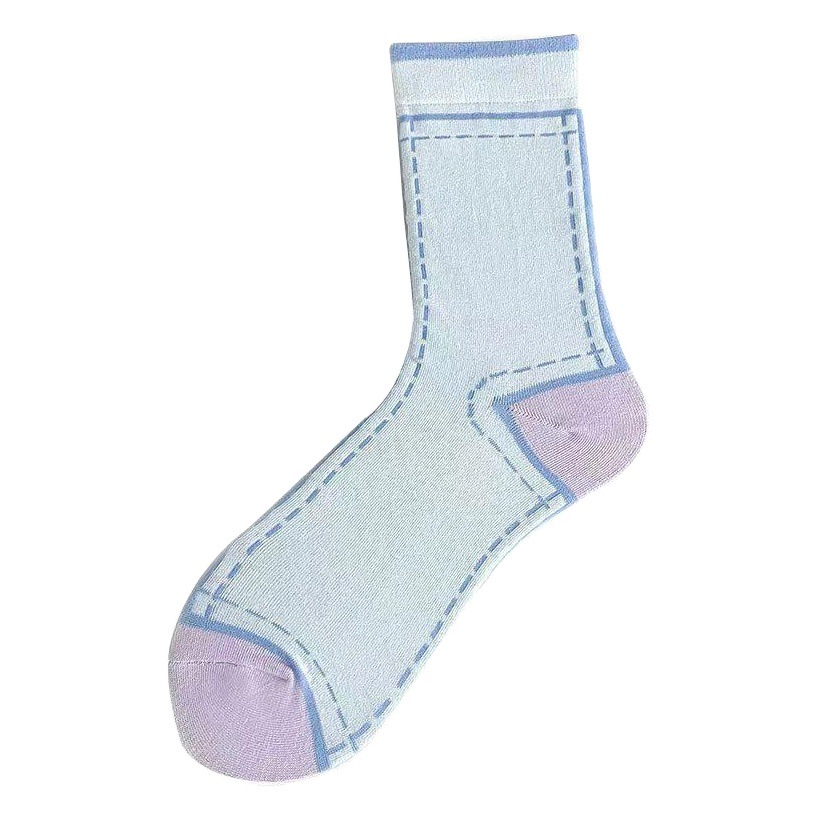 Korean Socks for Women Dongdaemun Ksox Fashion Contrasting Color Heel Mid-Calf Socks for Women Topstitch Long Stockings
