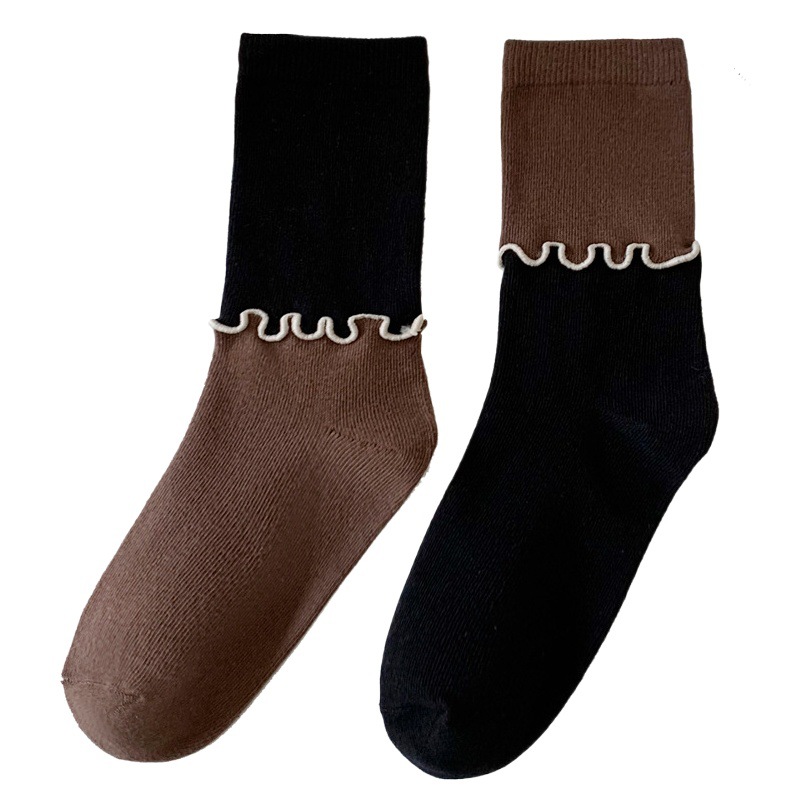 Autumn and winter wood ear socks women's AB asymmetric color matching Japanese pure cotton fashion personality design tube socks