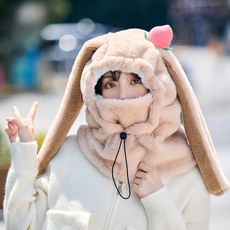 Picture of Winter Warm Peach Rabbit Mask Hat and Scarf Integrated Xiaomei Same Style Outdoor Skiing and Cycling Helmet Hat Cute