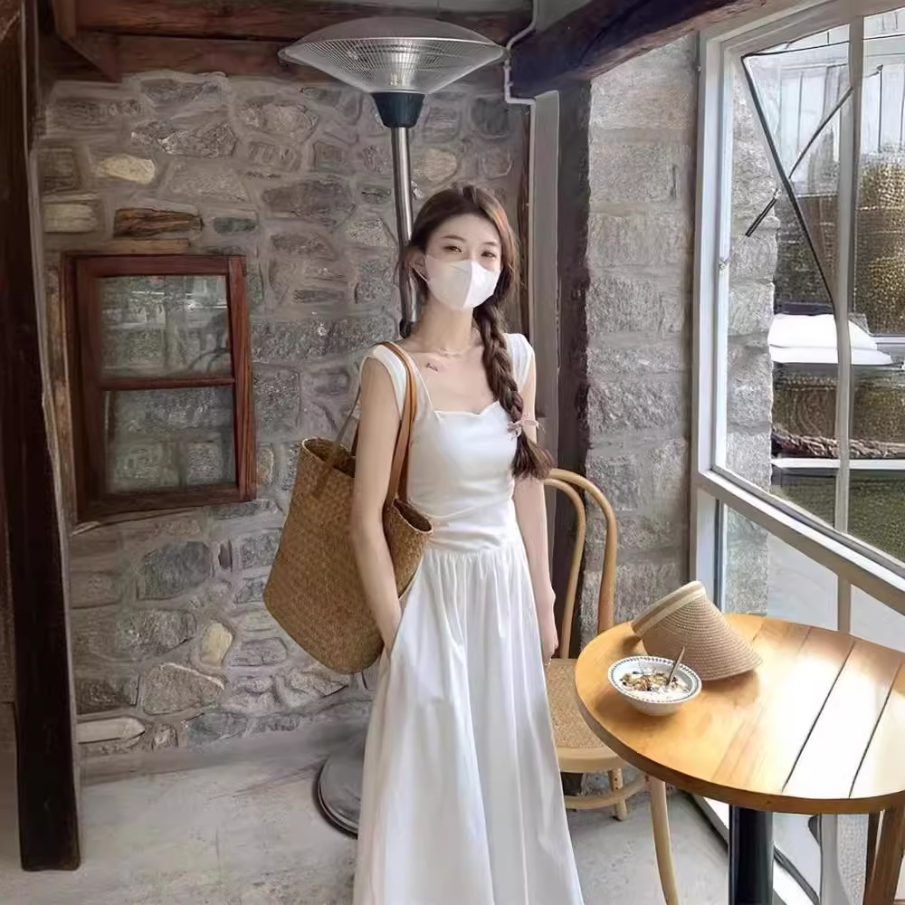 Summer new French style white sleeveless vest dress women's high-grade elegant square collar waist slimming long skirt