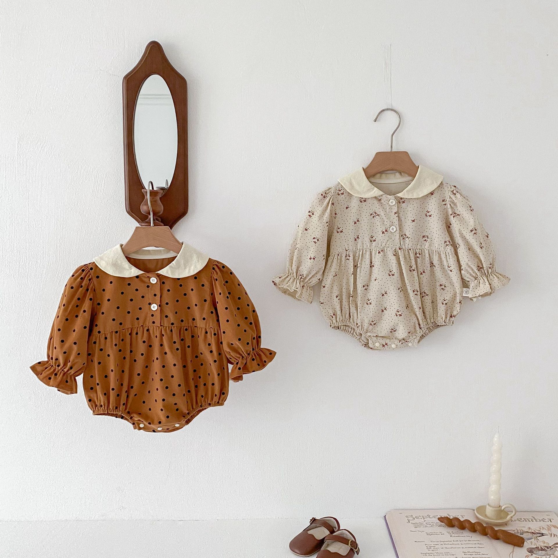 Baby Jumpsuit for Girls Korean Style Spring Polka Dot Small Floral Bag Fart Clothing Baby Cute Doll Collar Long-Sleeved Harem