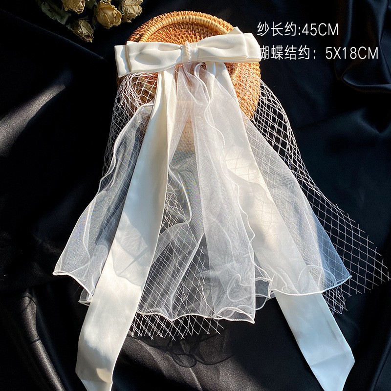 Picture of 2024 New Arrival Bow Veil Super Fairy Wedding Travel Photo White Satin Mesh Hairpin Bridal Hair Accessories