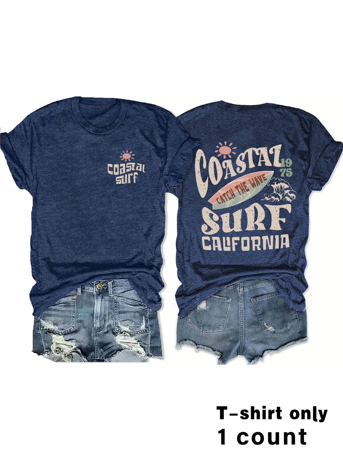 Picture of European and American Round Neck Vintage Coastal Surf Californiamatc Top Women's T-Shirt Loose Short Sleeves