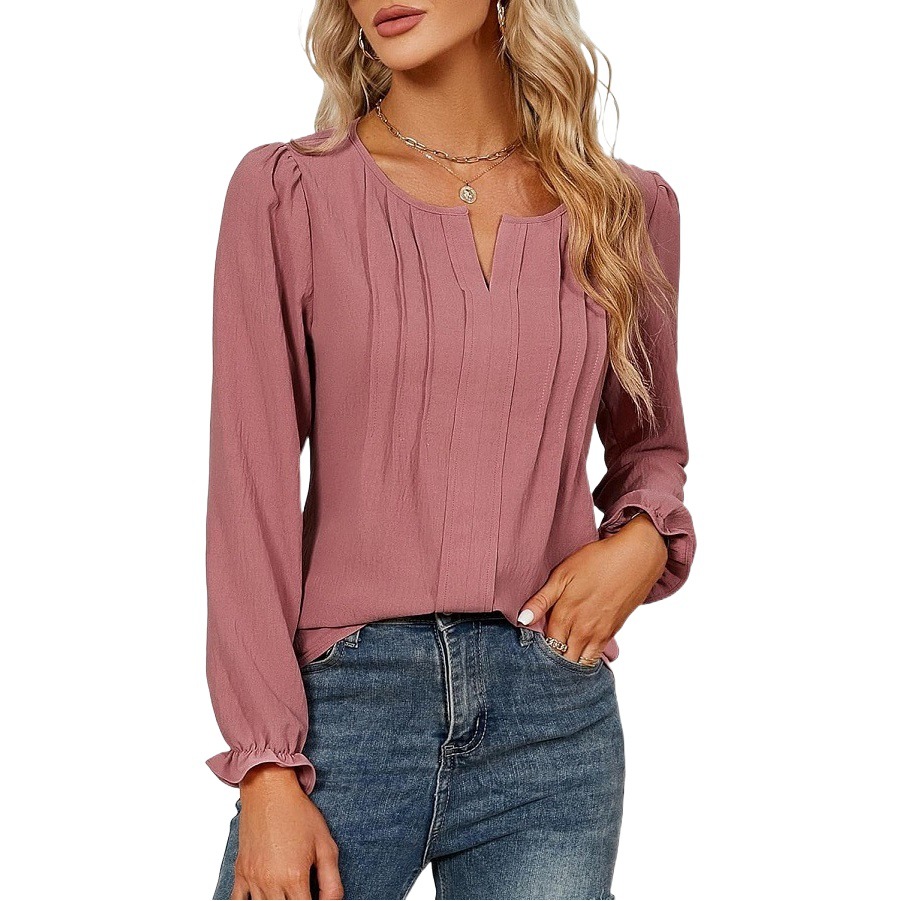 Cross-Border European and American Clothing 2025 Amazon Spring and Summer New Casual Pure Color V Neck Long-Sleeved Striped Chiffon Top