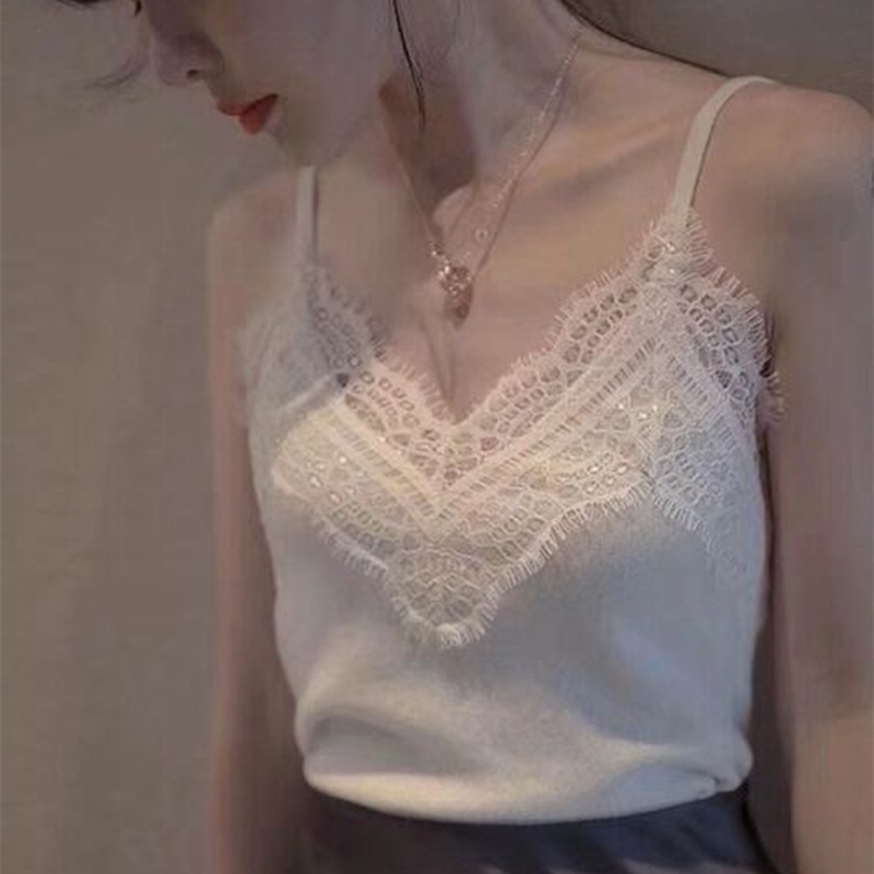 Lace Lace Sling Women's Sexy Eyelash Backless Vest Base Shirt Sleeveless Top Elastic Ice Silk Knitted