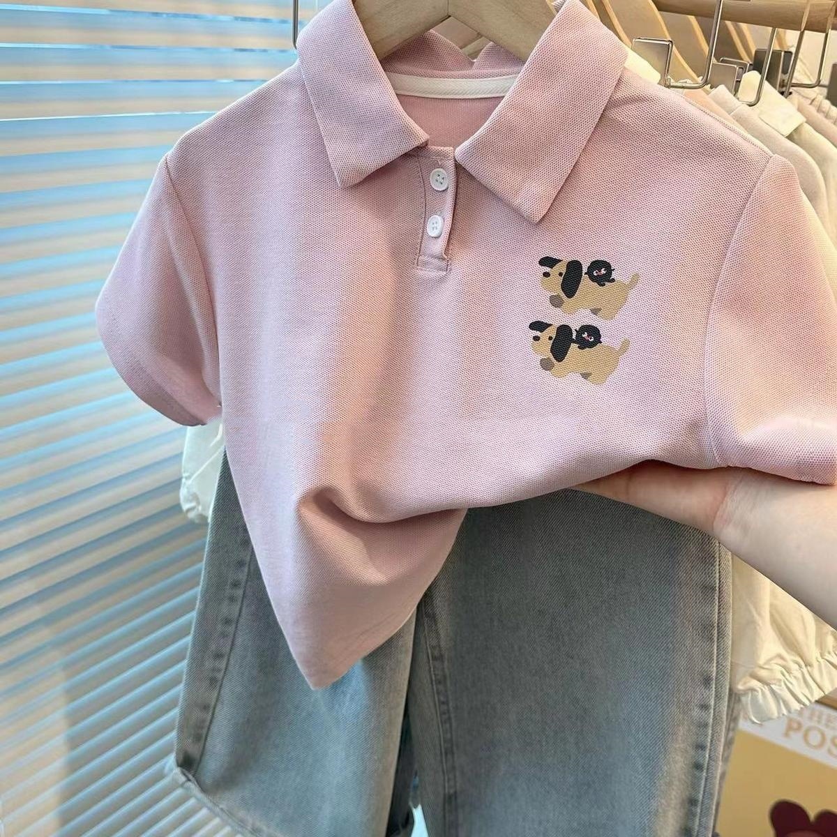 Picture of Summer Kidsren's Short-Sleeved Polo Collar T-Shirts for Boys and Girls Cartoon Casual Summer Clothes Korean Style Middle School Students Lapel Tops