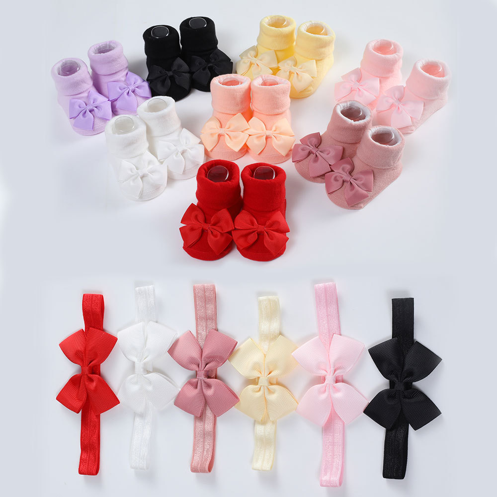 2023 New Baby Headband + Socks Set Ribbed Bow Headband Baby Breathable Knitted Cotton Socks