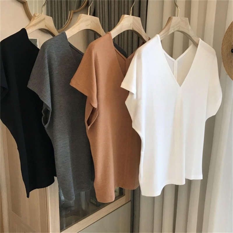 Women's T-shirt Short-sleeved 2024 Summer New Slim-fit Loose V-neck Top Women's Ice Silk All-match Top Trendy