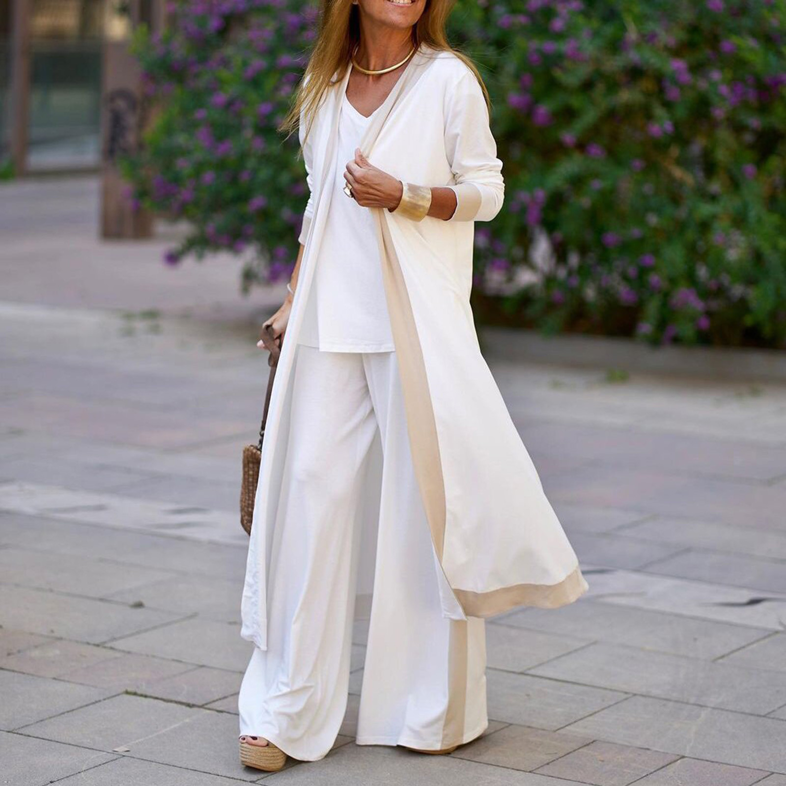 Picture of Casual Solid Color Stitching Contrast Color Sleeveless Vest Long Sleeve Cardigan Jacket Pants Three-Piece Set