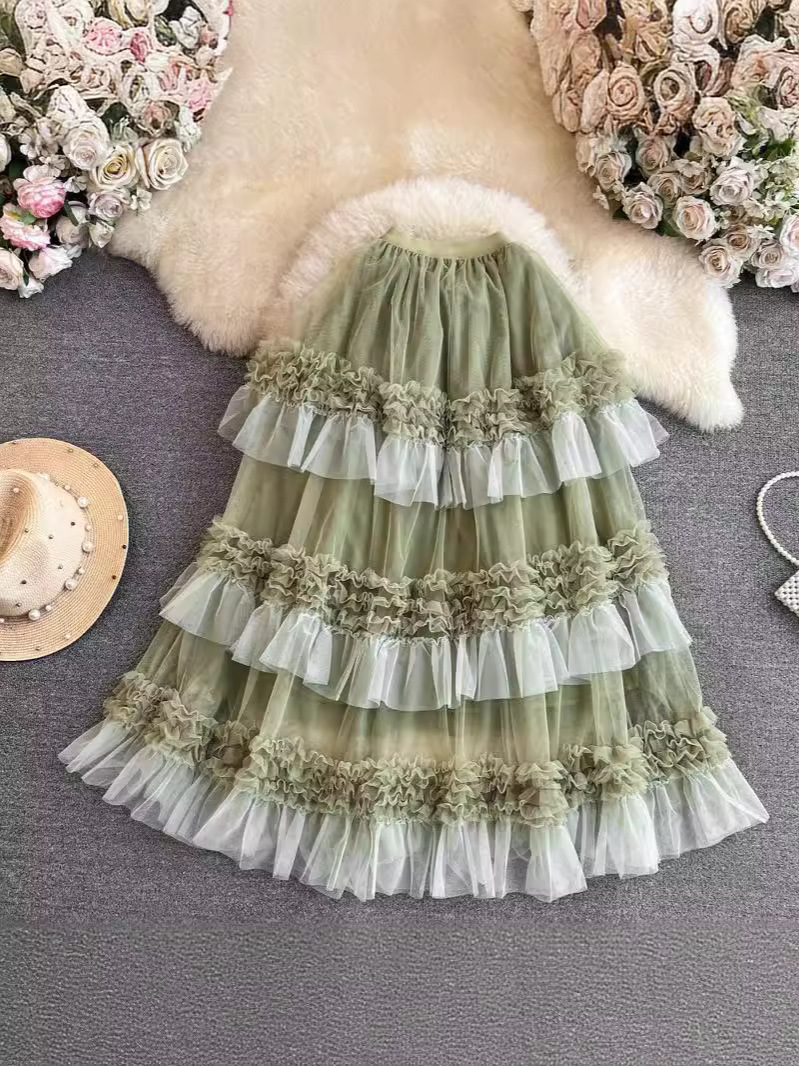 Cross-border elastic waist high waist slimming puffy pleated skirt color matching yarn skirt mid-length skirt mesh cake skirt
