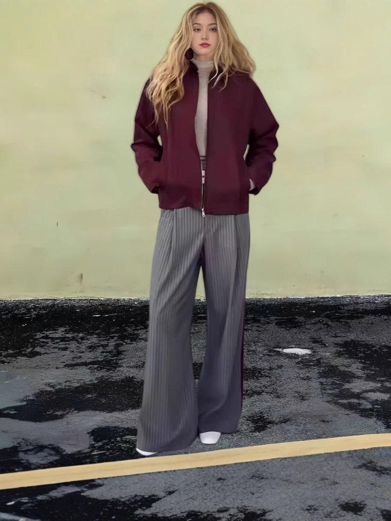 Europe and the United States cross-border 24 autumn new high waist loose casual pinstripe boxer detail trousers