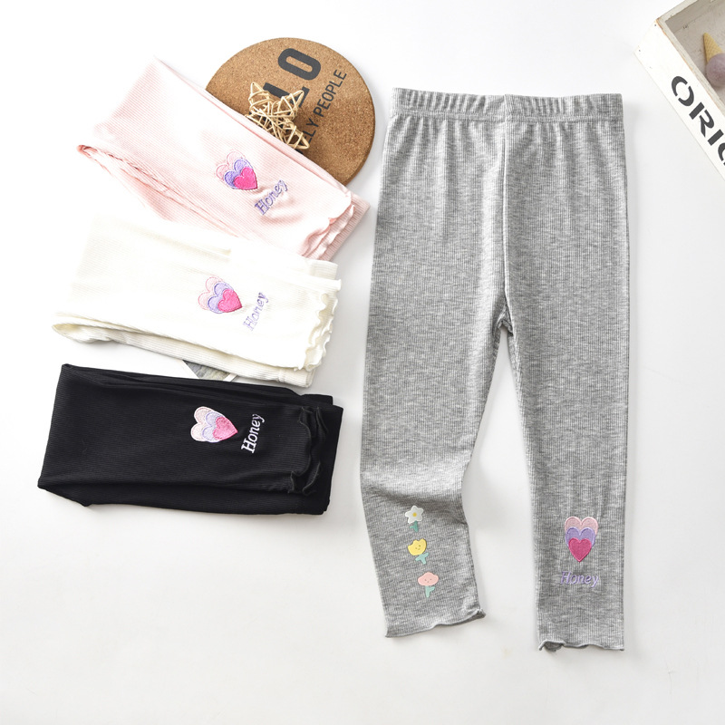 Summer girls' leggings thin outer wear inner print embroidery high stretch 130-170 size cropped pants