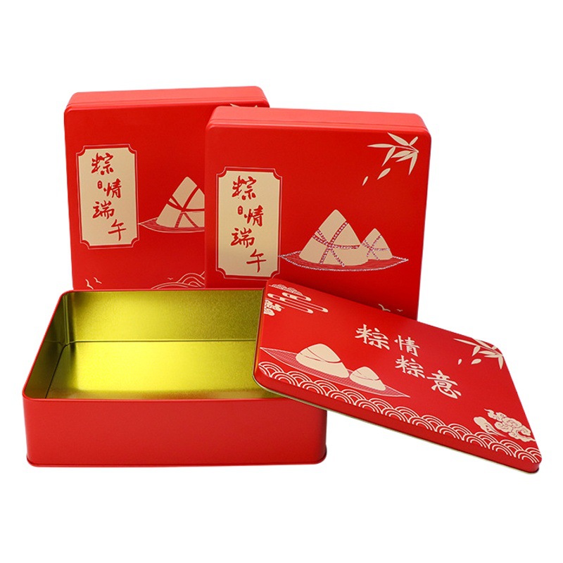 New Dragon Boat Festival Rice Dumpling Packaging Gift Box Spot Wholesale Red Mooncake Iron Box Metal Packaging Empty Box Can Making Factory
