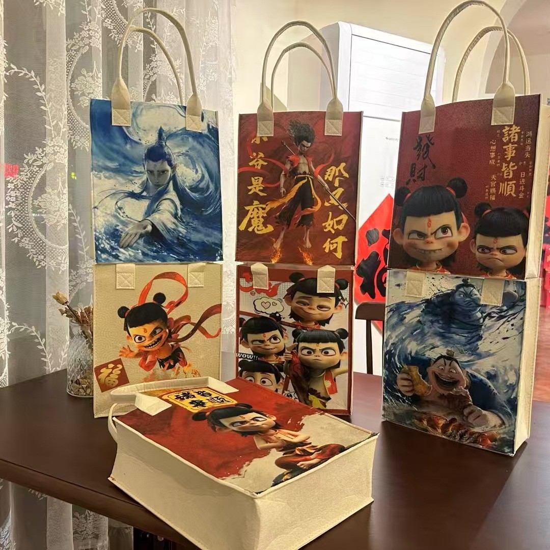 2025 Nezha Felt Bag Double-Sided Printed Tote Bag Elementary School Student Backpack Lunch Box Companion Gift Bag Trendy Elements