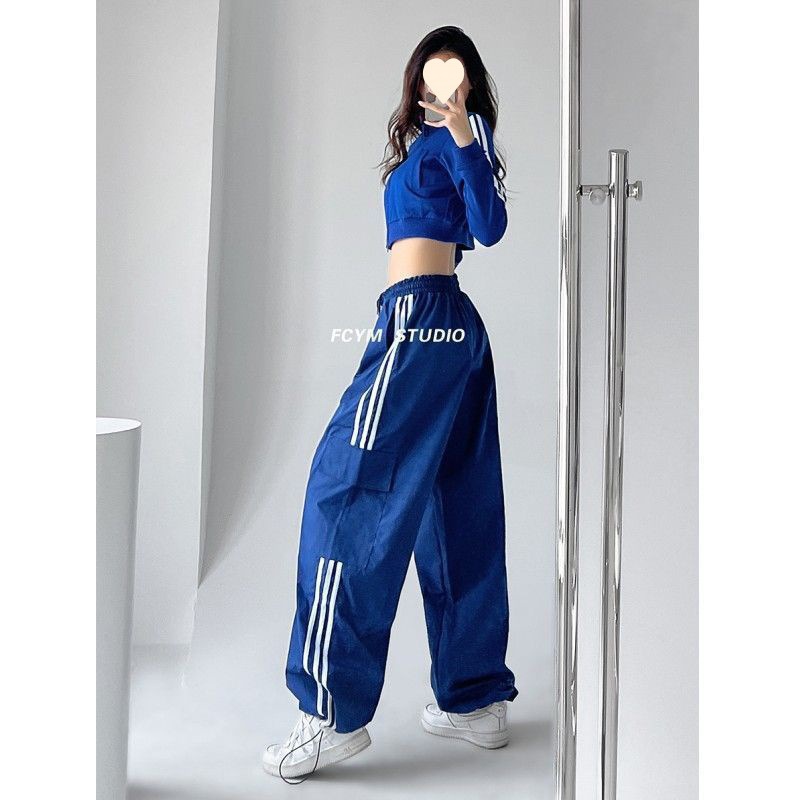 Picture of European and American style hot girl three-bar wide-leg overalls pants women's autumn street high waist slimming sports loose drag high street tide
