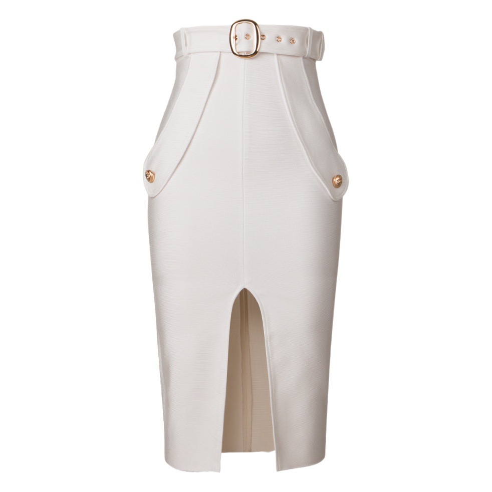 New high waist one-step skirt tight elastic hip belt button bandage skirt sexy split mid-length skirt