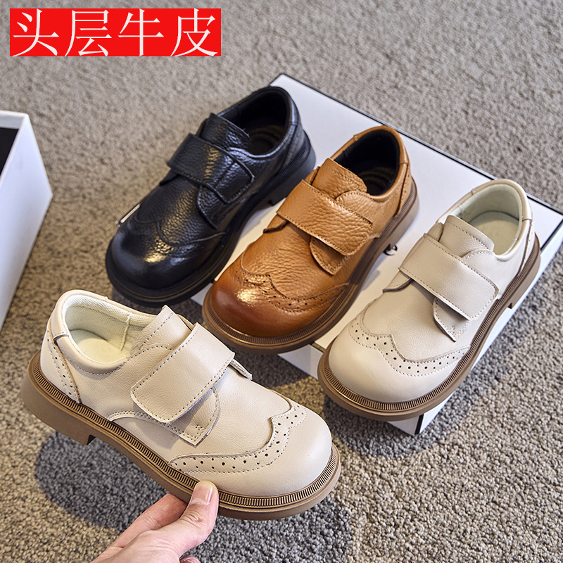 Cowhide Children's Leather Shoes Student Genuine Leather Black Children's Shoes Baby Performance Boys Boys Girls British Shoes Soft Sole