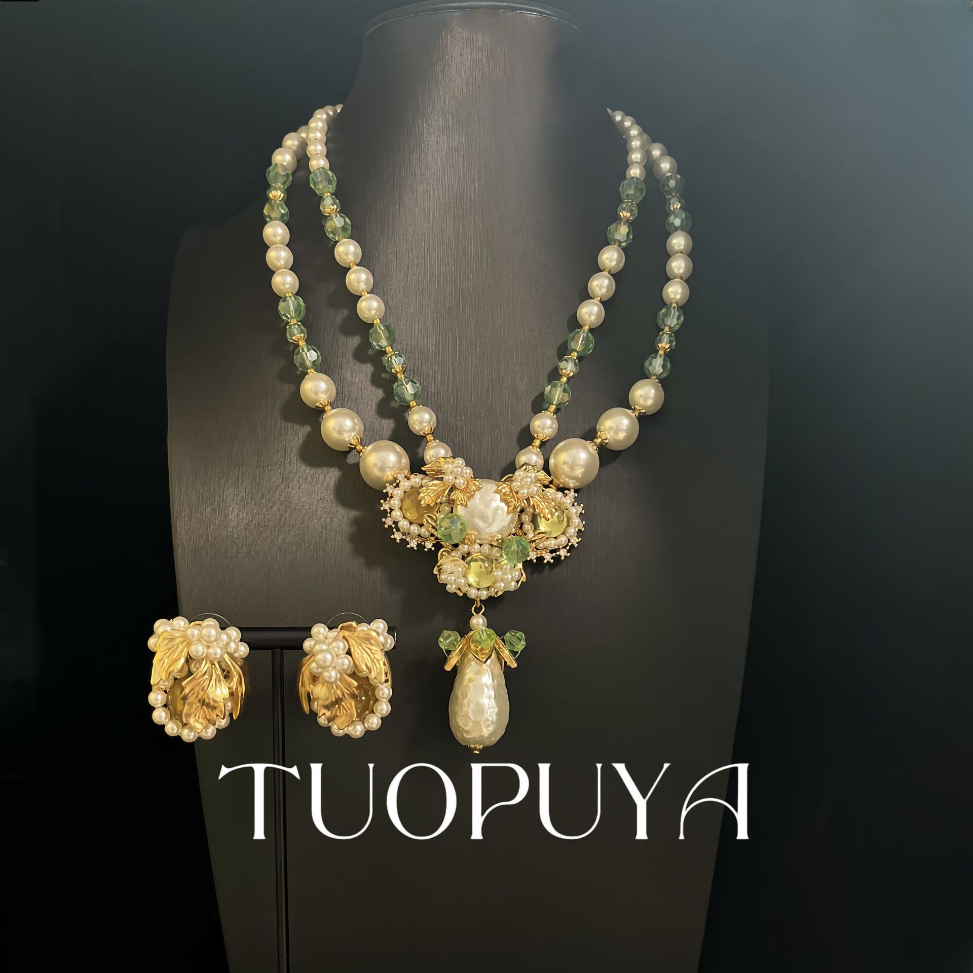 Zhonggu Heavy Industry Exquisite Elegant Fresh Beaded Necklace suit Design Retro Pearl Earrings Double-layer Necklace