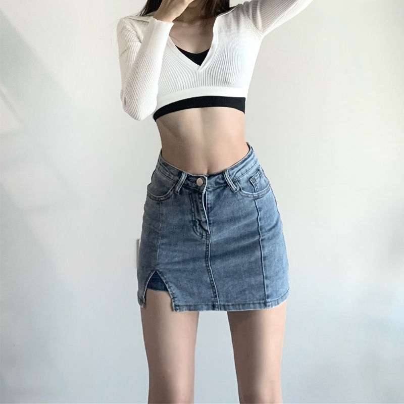 Vintage Skirt Women's Summer A- line Split Denim Skirt plus size chubby girl Slimming High Waist Hip Hot Girl Skirt