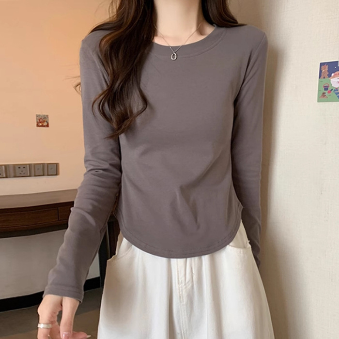 Picture of American Long-Sleeved Bottoming Shirt for Women in Autumn and Winter 2025 New Curved Hem Asymmetrical T-Shirt with Inner Top