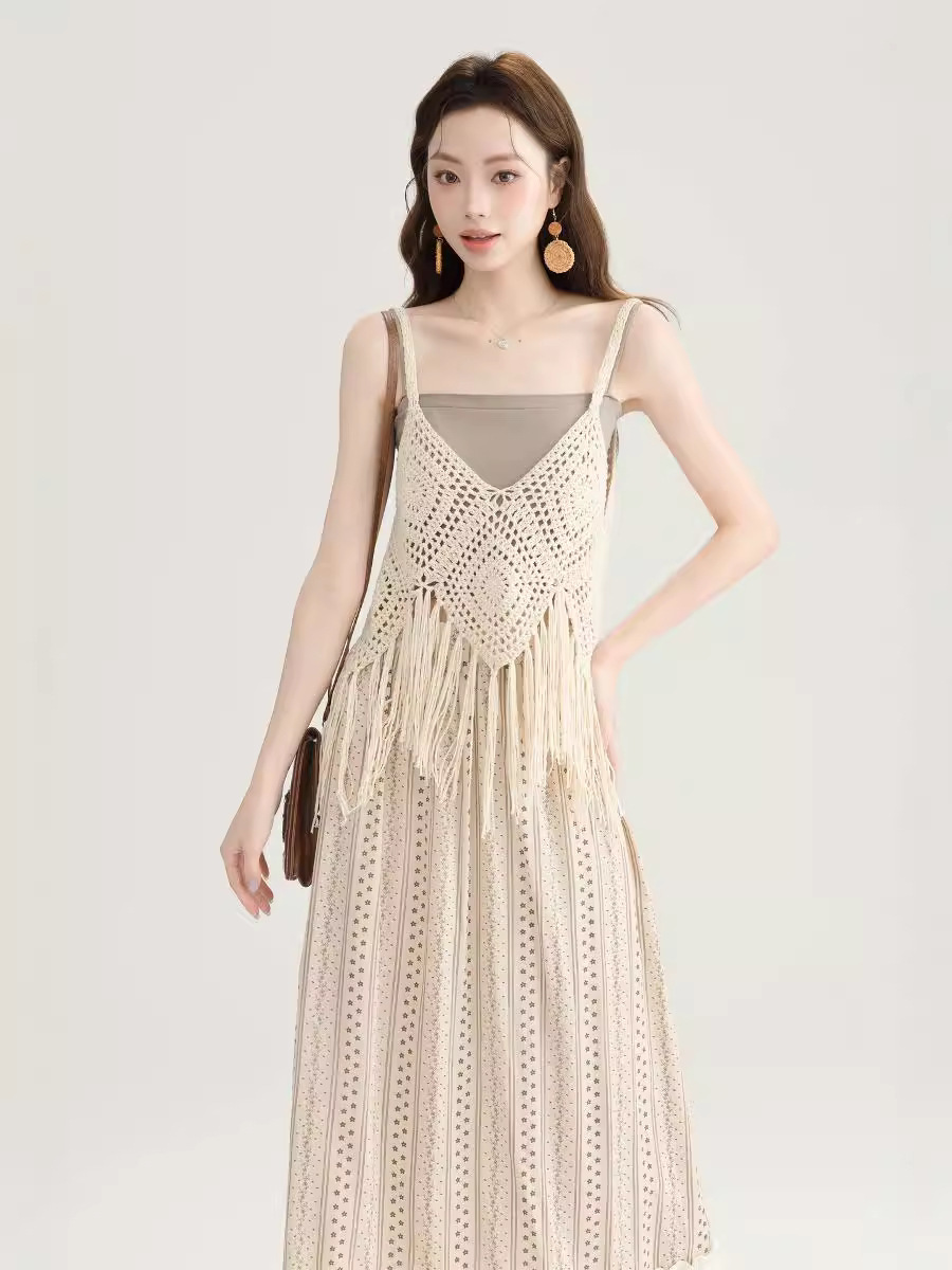 2024 Fringed Camisole Women's Summer Thin Hollow Crochet Overwear Sleeveless Top Knitted Blouse