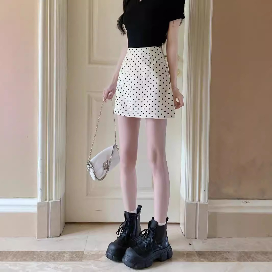 Wave Dot apricot Skirt Women's 2025 Spring and Summer High Waist Slimming A- shaped Small Casual All-match Hip Skirt