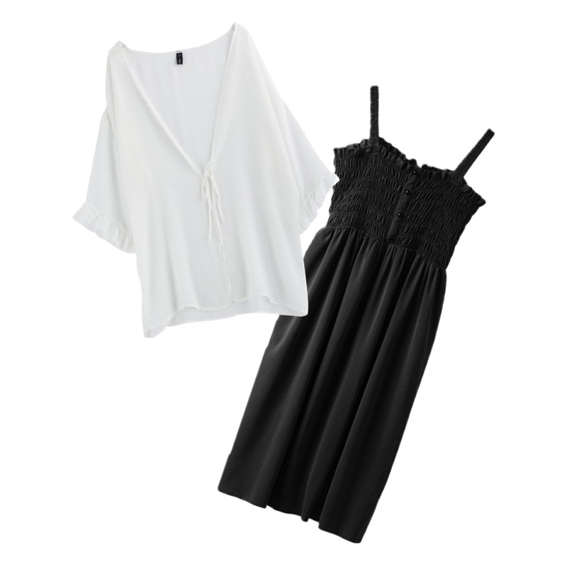 Extra Large Size Women's Cardigan Suit Korean Style Chest-Wrapped Suspender Skirt 100kg Plus Size Design Dress 662