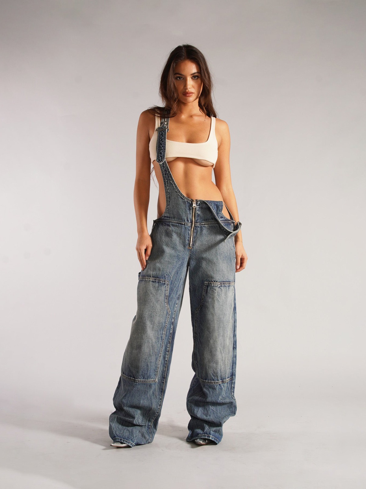 Amazon Cross-border European and American Style Zipper Denim Belt Pants Women's Autumn Loose Casual Pocket Wide Leg Pants Women