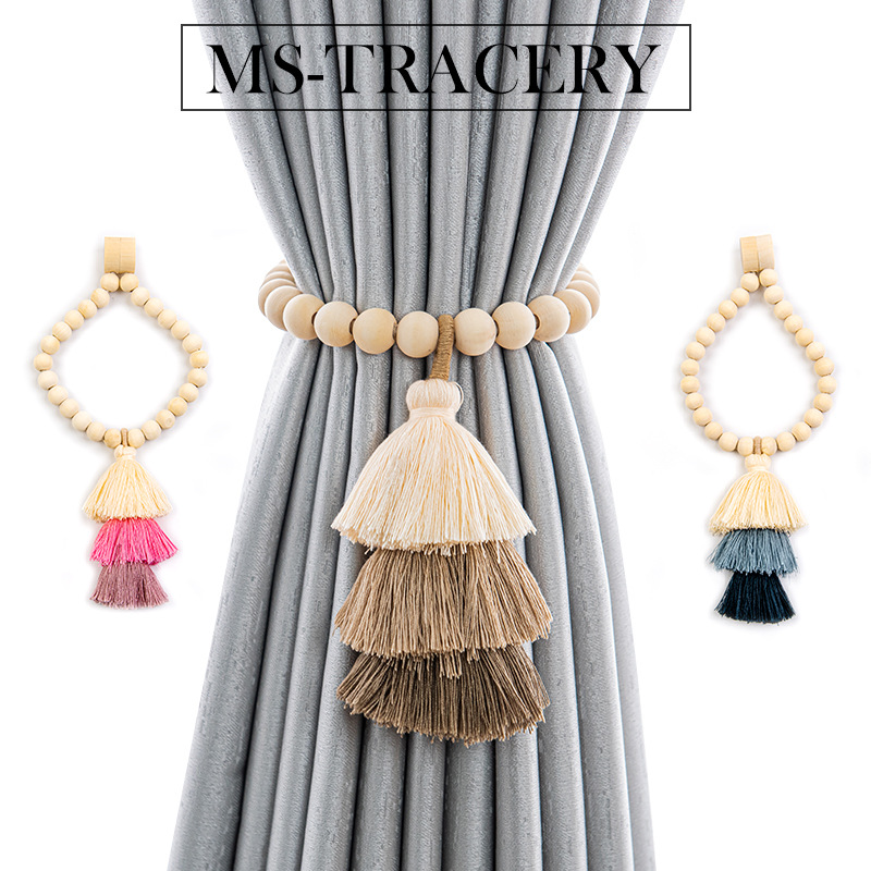 New fashion three-color tassel hanging spike wooden bead magnetic buckle curtain buckle curtain strap