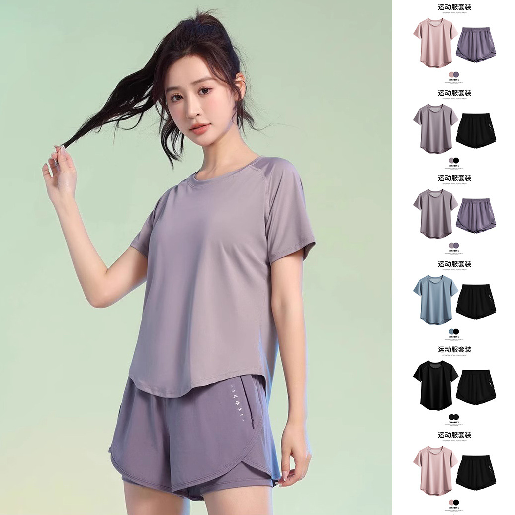 Summer Outdoor Sports Suit Women's Fitness Slimming Yoga Clothing Short-Sleeved Shorts Elastic Quick-Drying Foreign Trade Cross-Border Wholesale