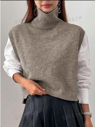 Picture of High-Neck Knitted Vest for Women, Korean Style, Loose Casual Sleeveless Sweater, Outerwear Layering Vest, Wool Blend