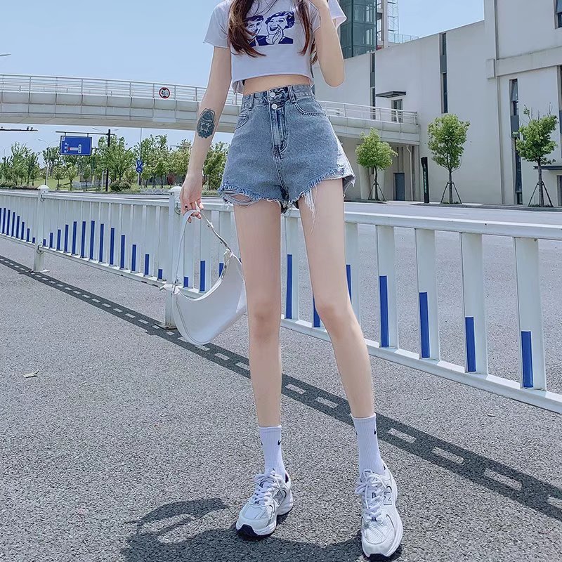 Picture of Internet Celebrity Irregular Denim Shorts Women's Summer Thin Hot Pants for Spice Girls Short High Waist a-Shaped Slim Design