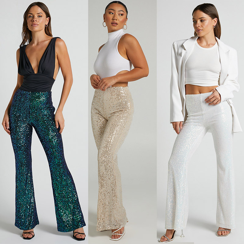 Cross-border Autumn and Winter Women's New Wide Leg Pants European and American Casual High Waist Slim-fit Sequin Women's Horn Pants