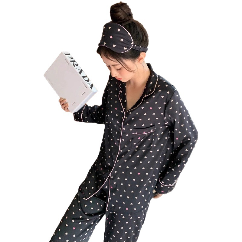 Cross-border New Love Cardigan Women's Pajamas Long Sleeve Spring and Summer Ice Silk Girls Casual Comfortable Home Clothes Wholesale