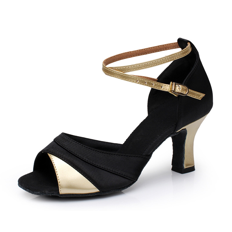 Picture of Women Adult High Heel 5cm Black Satin 7cm Latin Dance Shoes Black Red 3441 Soft Bottom Cha Cha Dancing