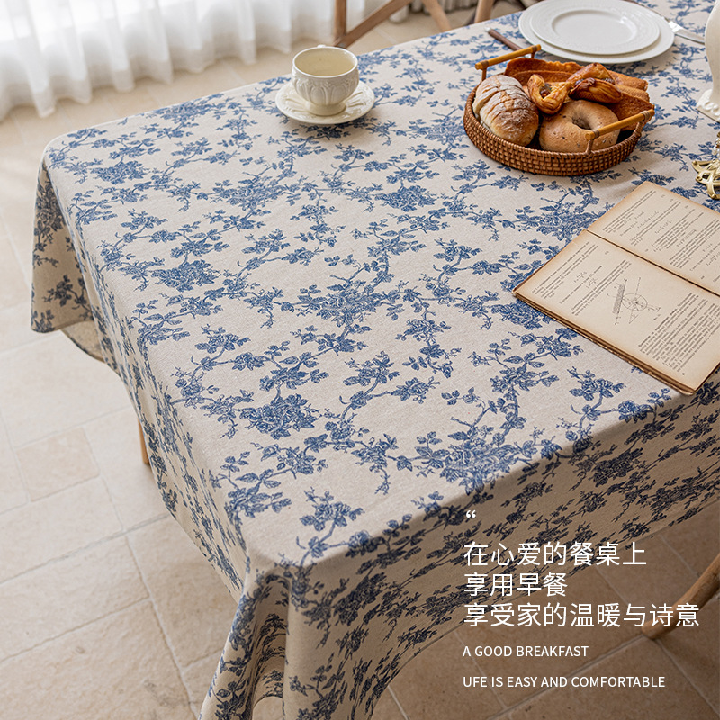 Cotton Linen Nordic Style Blue Floral Tablecloth Dormitory Rectangular Cover Retro Pastoral Tablecloth Photographic Background Cloth