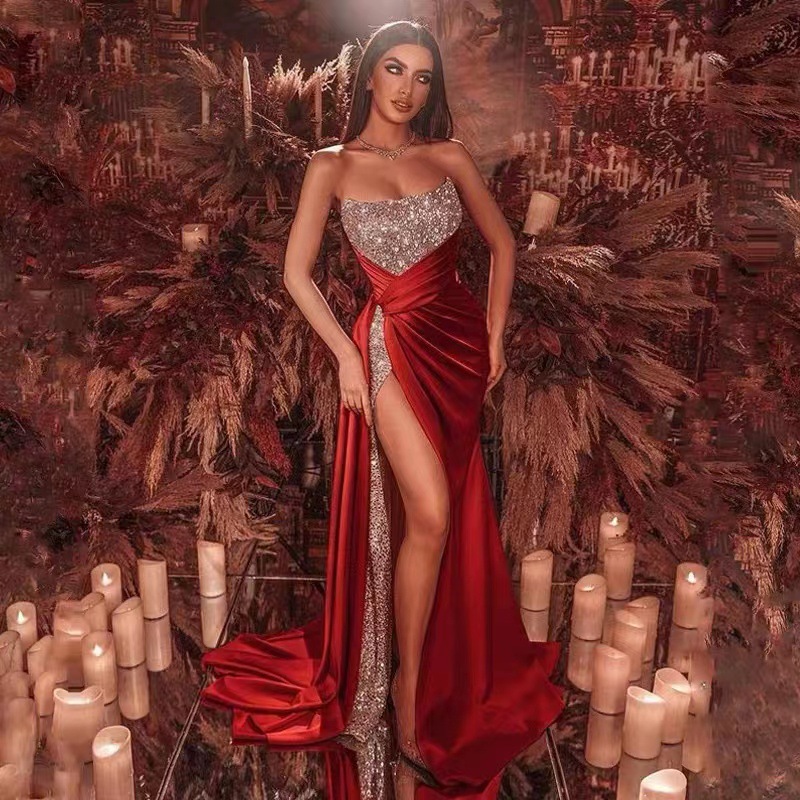 2025 Female European and American Clothing Sequined Slit Extra Large Long Skirt Sexy Off-Shoulder Tube Top Swing Dress Evening Dress