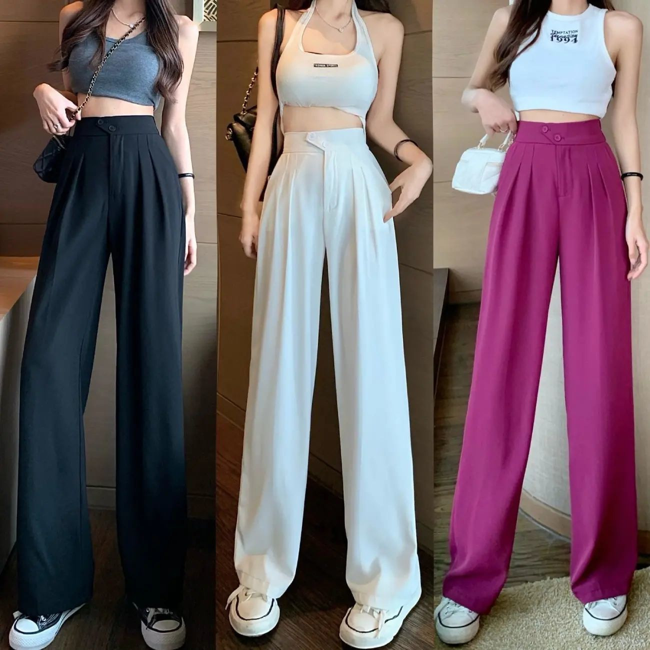 Solid Color wide-leg pants for women Spring and Autumn students new high waist plus size chubby girl straight loose casual mopping suit pants fashion