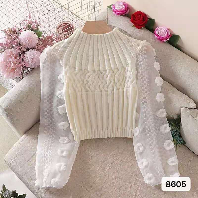 Picture of Super Fairy Puff Sleeve Mesh Splicing Round Neck Tight Slimming Short Sweater Petite Sweater