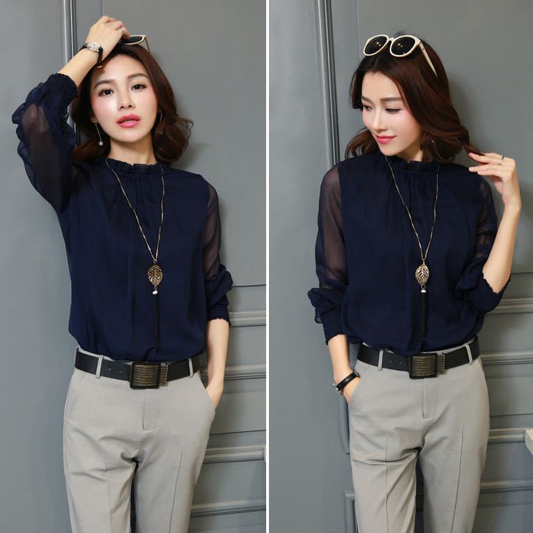 Picture of 2025 Spring New Chiffon Shirt with Small Stand Collar, Sexy Plus Size Versatile Fashionable Mesh Ruffle Base Shirt Top