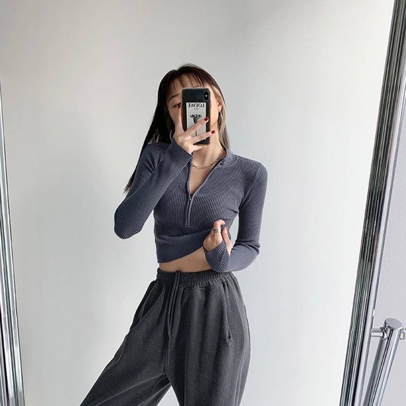 Half-high Collar Zipper Pit Strip Knitwear Autumn and Winter Sweater Long-sleeved Cuffer Short Base Shirt Slim-fit Women's Top