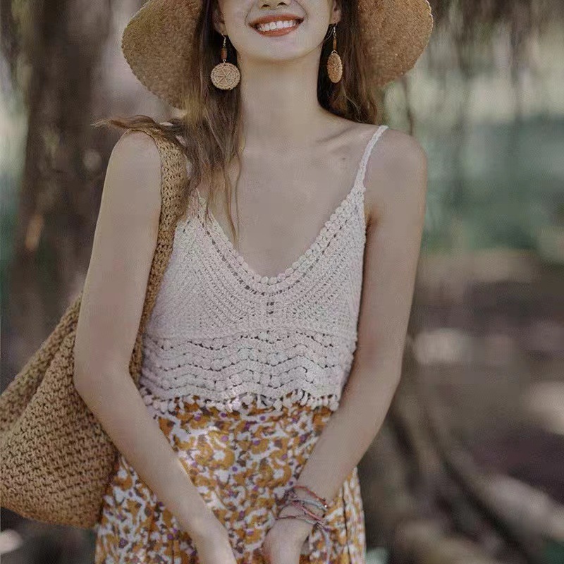 Bohemian Travel Short Vest Women's Outer Wear Crochet Knitted Tassel Small Sling All-match Base Shirt Outer Wear