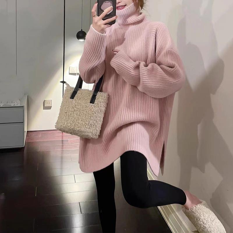 Korean Style Loose Lazy Style Turtleneck Sweater Women's Autumn and Winter New Split Design Sense Pullover Trendy Color Sweater Top