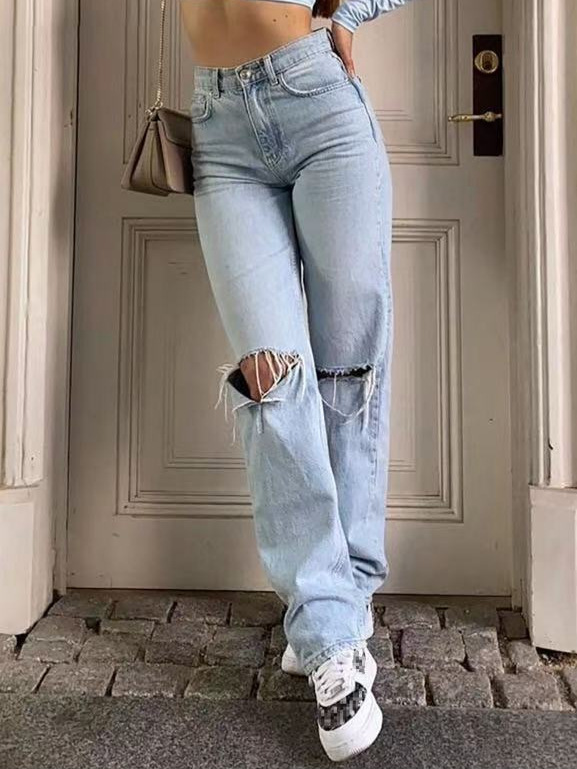 Amazon's New European and American Cross-Border E-Commerce Women's Ripped Jeans Women's High-Waisted Straight Casual Pants Light Blue