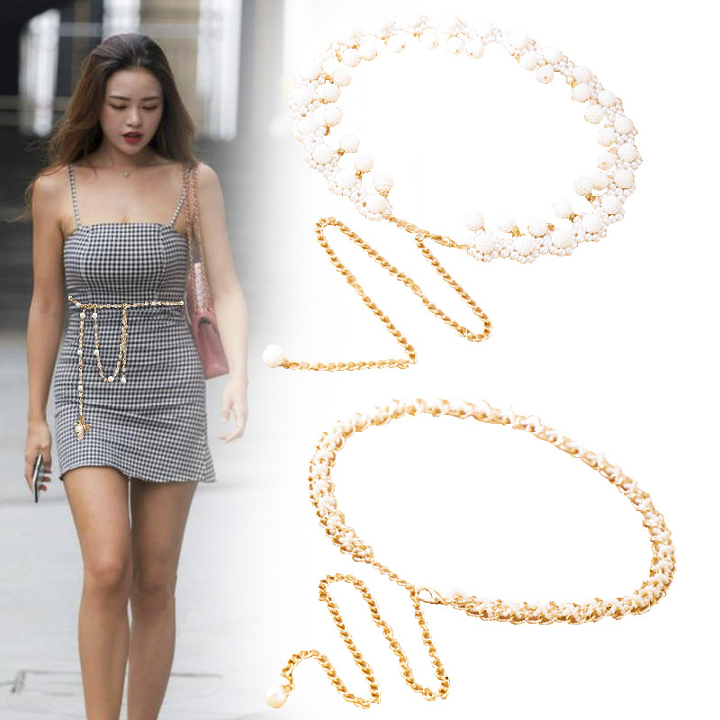 Women's thin belt with dress decorative sweater shirt all-match waist chain Korean fashion metal belt Pearl