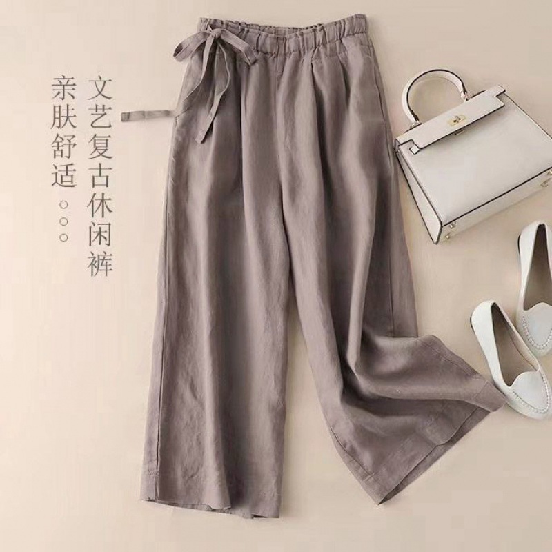 Cotton Cropped Wide-leg Pants Women's Summer Cotton Linen Thin High Waist Side Lace-up Vintage Artistic Elastomic Casual Pants